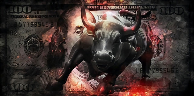 Charging Bull Art Wall Street Canvas Painting 100 Dollar Bill Statue Picture Office Home Decor and Prints - Crypto Coin Display