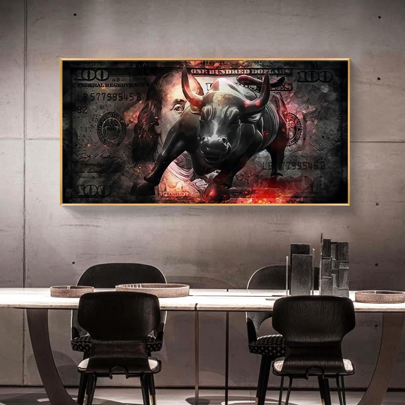 Charging Bull Art Wall Street Canvas Painting 100 Dollar Bill Statue Picture Office Home Decor and Prints - Crypto Coin Display