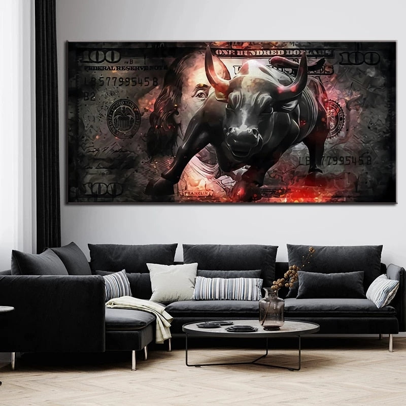 Charging Bull Art Wall Street Canvas Painting 100 Dollar Bill Statue Picture Office Home Decor and Prints - Crypto Coin Display