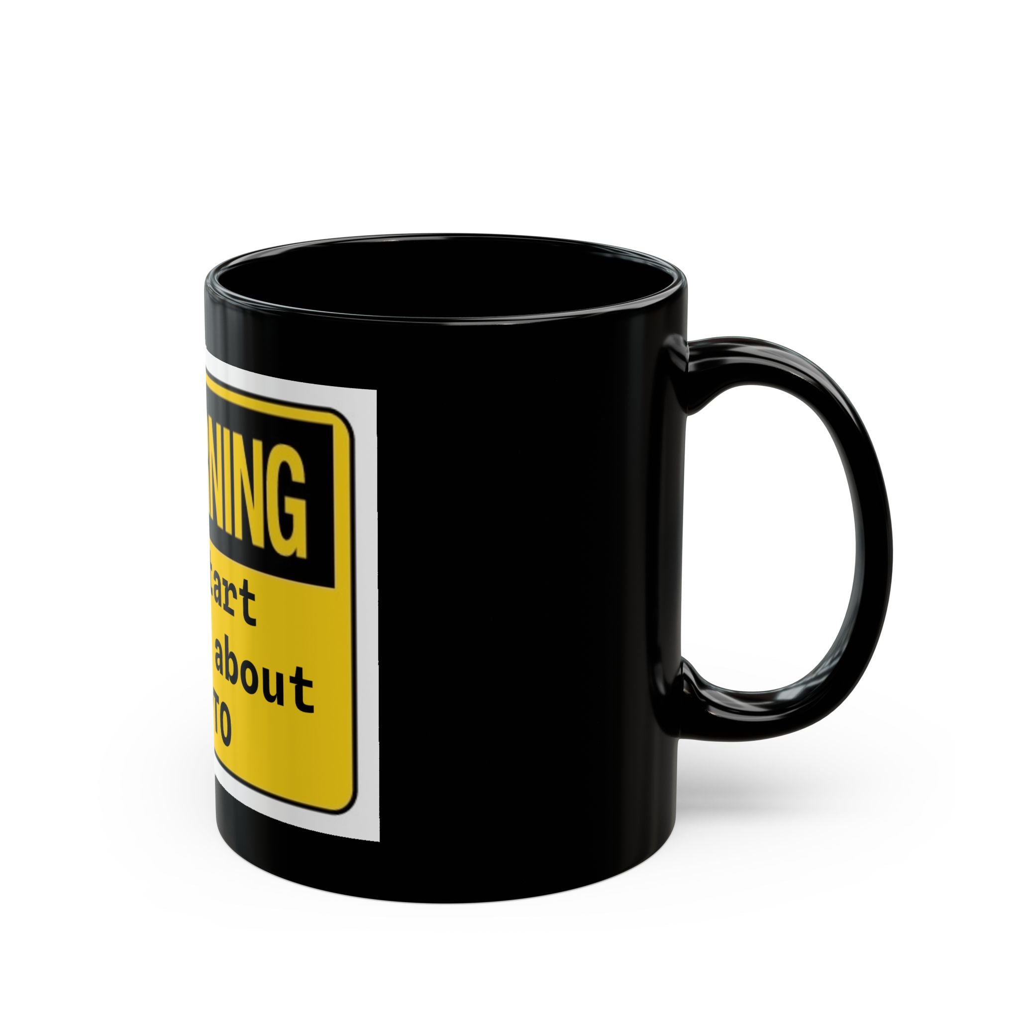 Warning: May Start Talking About Crypto Mug — Black Coffee Cup for Crypto Enthusiasts - Crypto Coin Display
