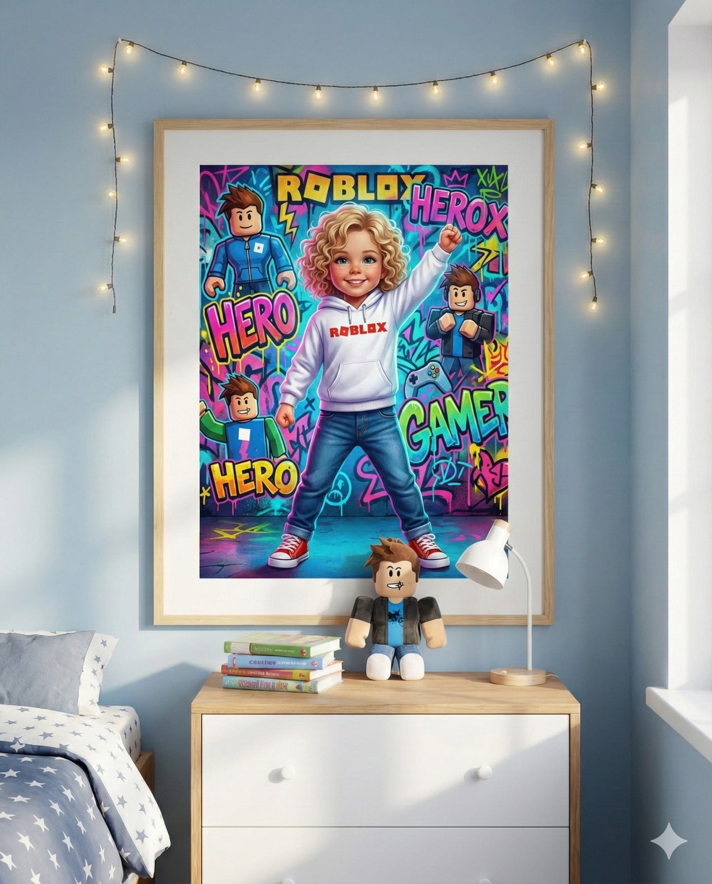 Custom Roblox Style Kids Portrait Poster - Personalized Digital Download - Gamer Bedroom Wall Art - Birthday Gift - Christmas gift