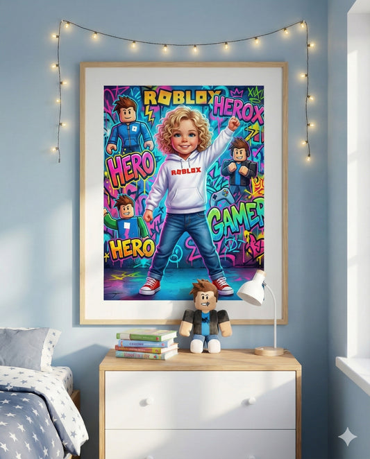 Custom Roblox Style Kids Portrait Poster - Personalized Digital Download - Gamer Bedroom Wall Art - Birthday Gift - Christmas gift