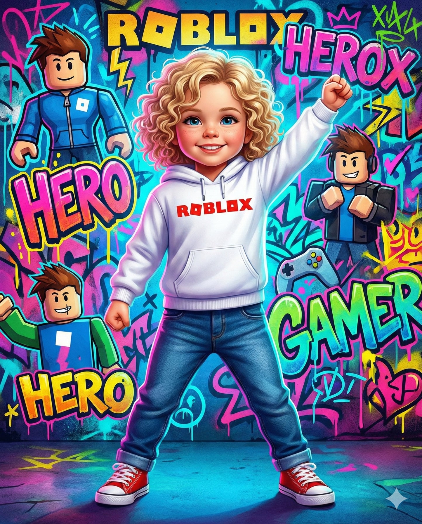 Custom Roblox Style Kids Portrait Poster - Personalized Digital Download - Gamer Bedroom Wall Art - Birthday Gift - Christmas gift