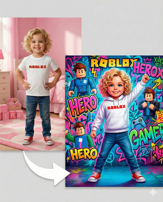 Custom Roblox Style Kids Portrait Poster - Personalized Digital Download - Gamer Bedroom Wall Art - Birthday Gift - Christmas gift