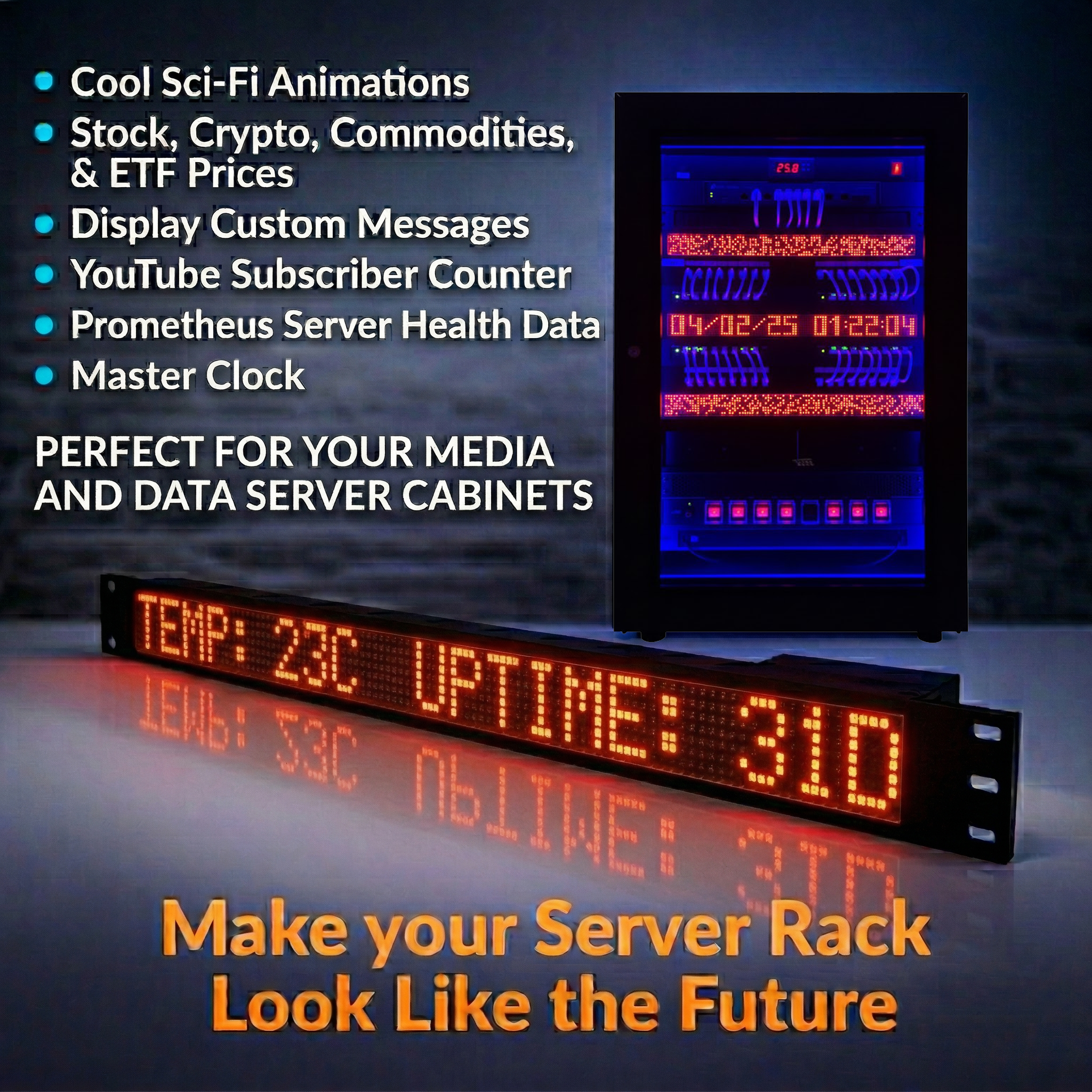 19” 1RU Network Server Rack Mount Led Panel Matrix Display STOCK, Commodity and CRYPTO ticker, YouTube Subscriber Counter, Prometheus Node Exporter Monitor