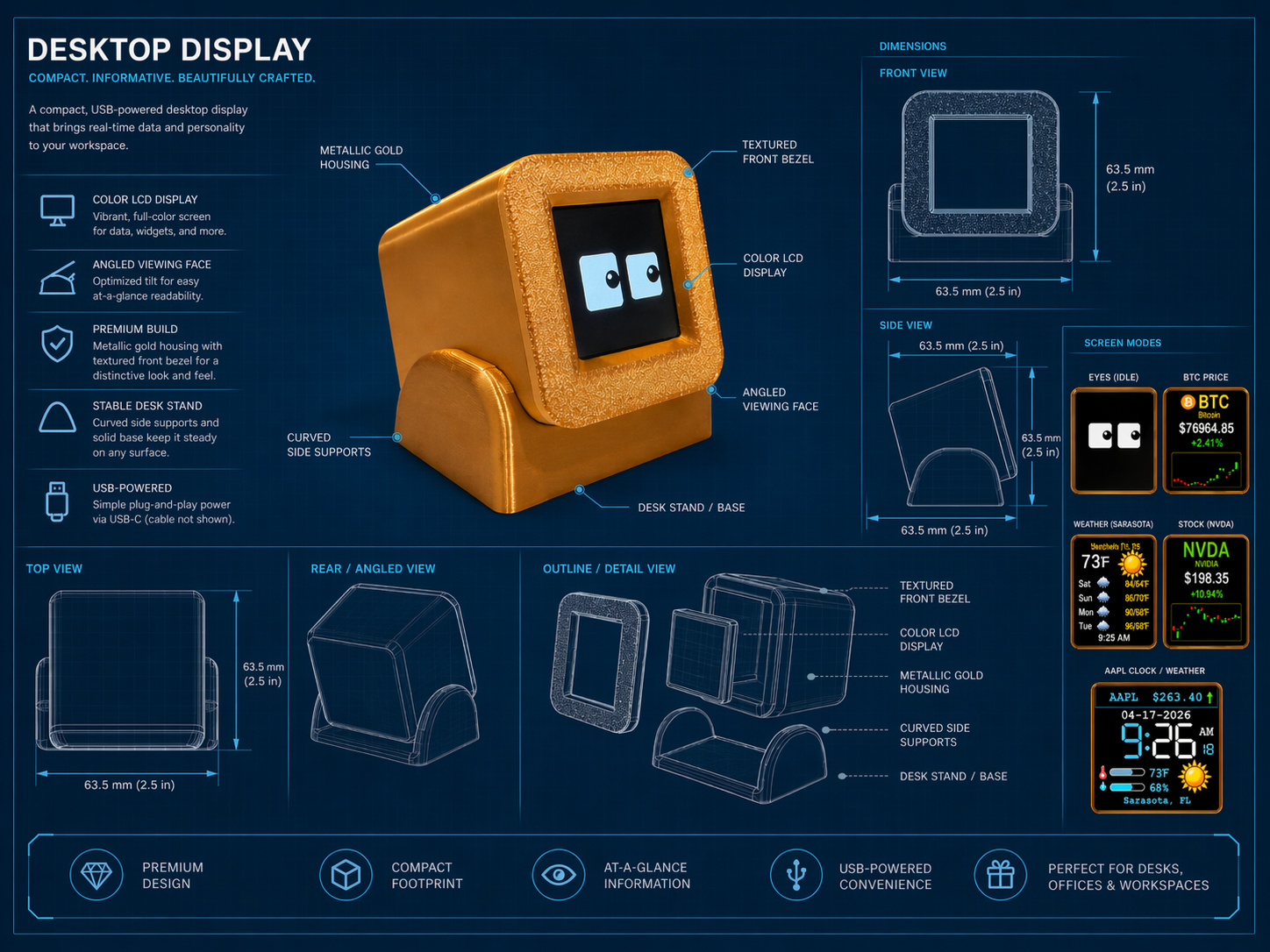 Desktop Financial Data Display – Stocks, ETFs, Crypto, Commodities, Weather, Clock & Robo Eyes  Product Subtitle - Crypto Coin Display