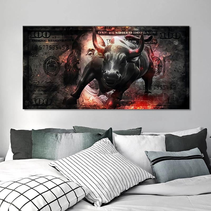 Charging Bull Art Wall Street Canvas Painting 100 Dollar Bill Statue Picture Office Home Decor and Prints - Crypto Coin Display