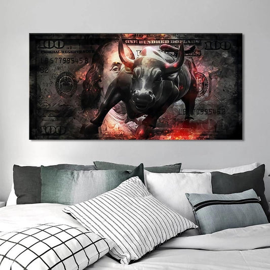 Charging Bull Art Wall Street Canvas Painting 100 Dollar Bill Statue Picture Office Home Decor and Prints - Crypto Coin Display