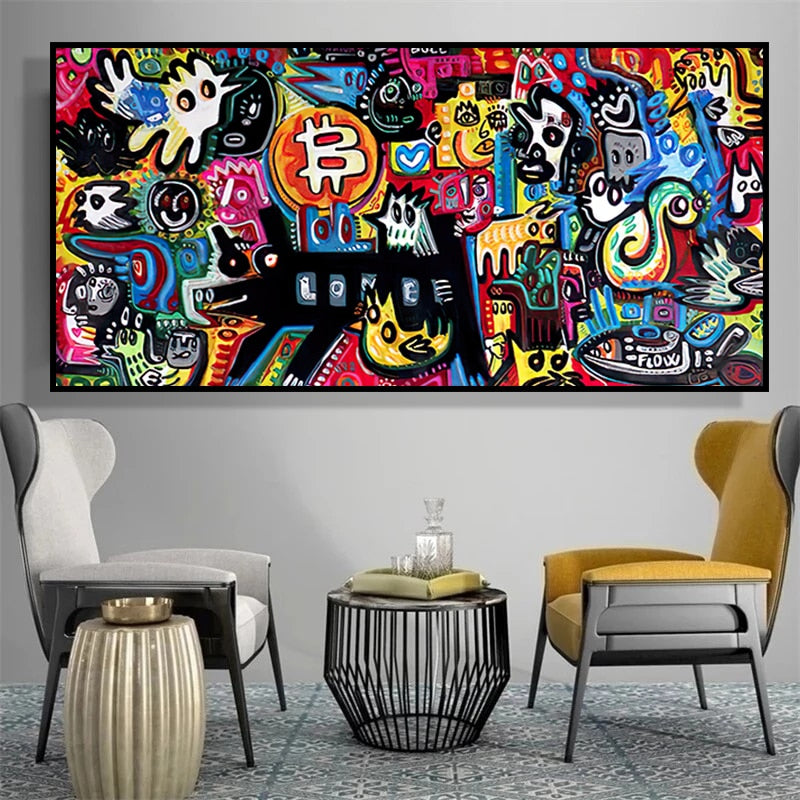 Street Pop Graffiti Art Bitcoin Posters and Prints Canvas Painting Abstract Cartoon Bitcoin Wall Art Picture Living Room Decor - Crypto Coin Display